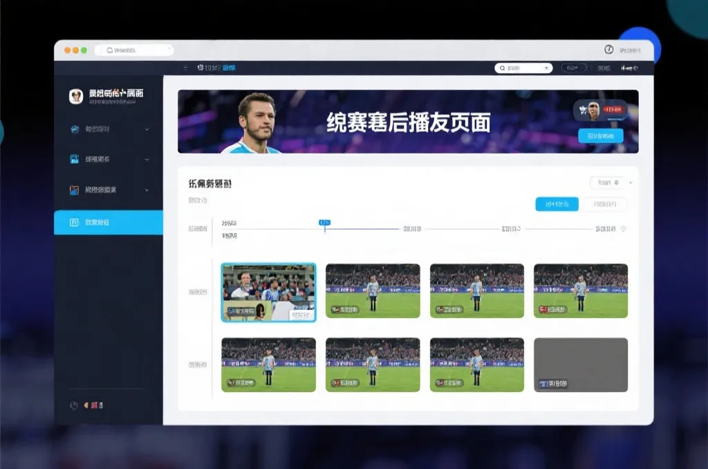 比赛结束后，电视屏幕展示集锦回放页面，旁边有时间轴和多角度切换提示